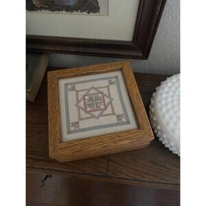 Vintage Oak Wood Jewelry Box With Framed Cross Stitch Lid Wood Trinket Box